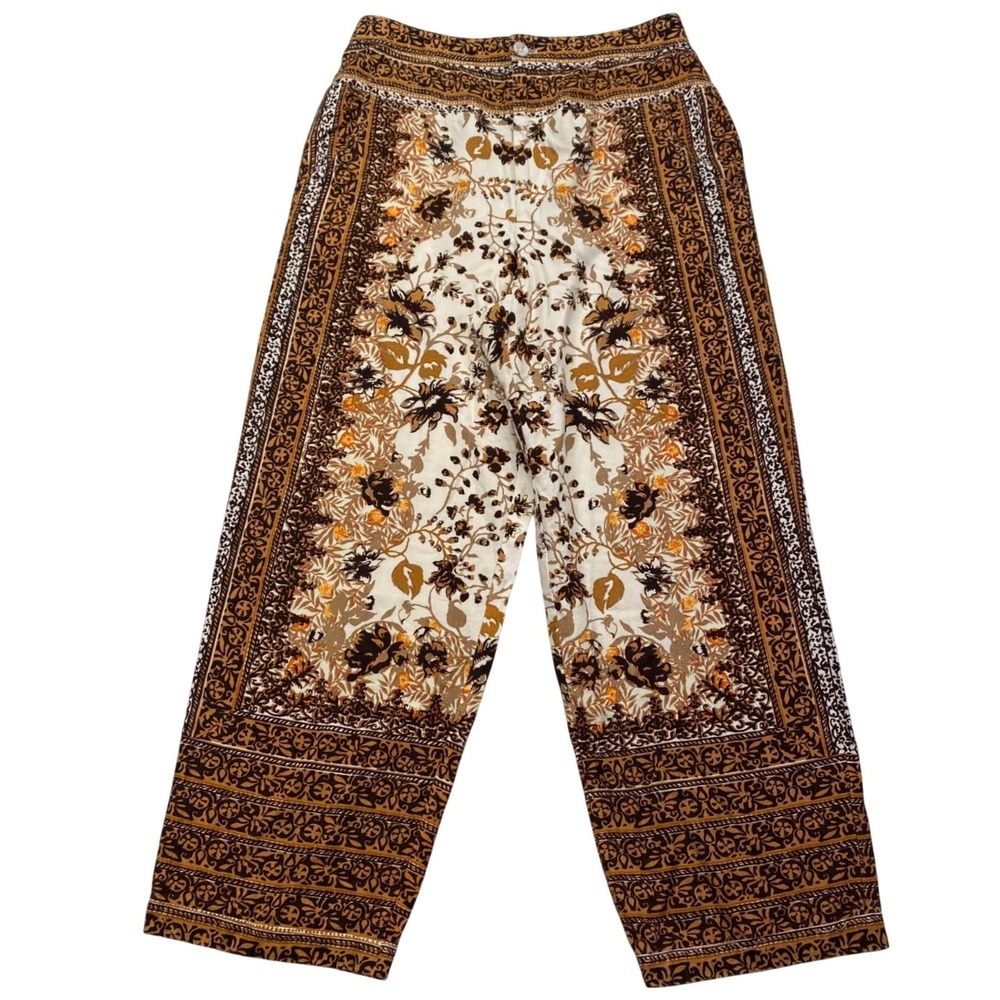 Anthropologie Wide Leg Pants Womens 8 Brown Tan Floral Linen Blend Boho Trousers